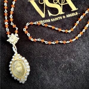 VSA Designs, silver/copper, 4mm beaded Evita necklace w/ sacred heart medallion